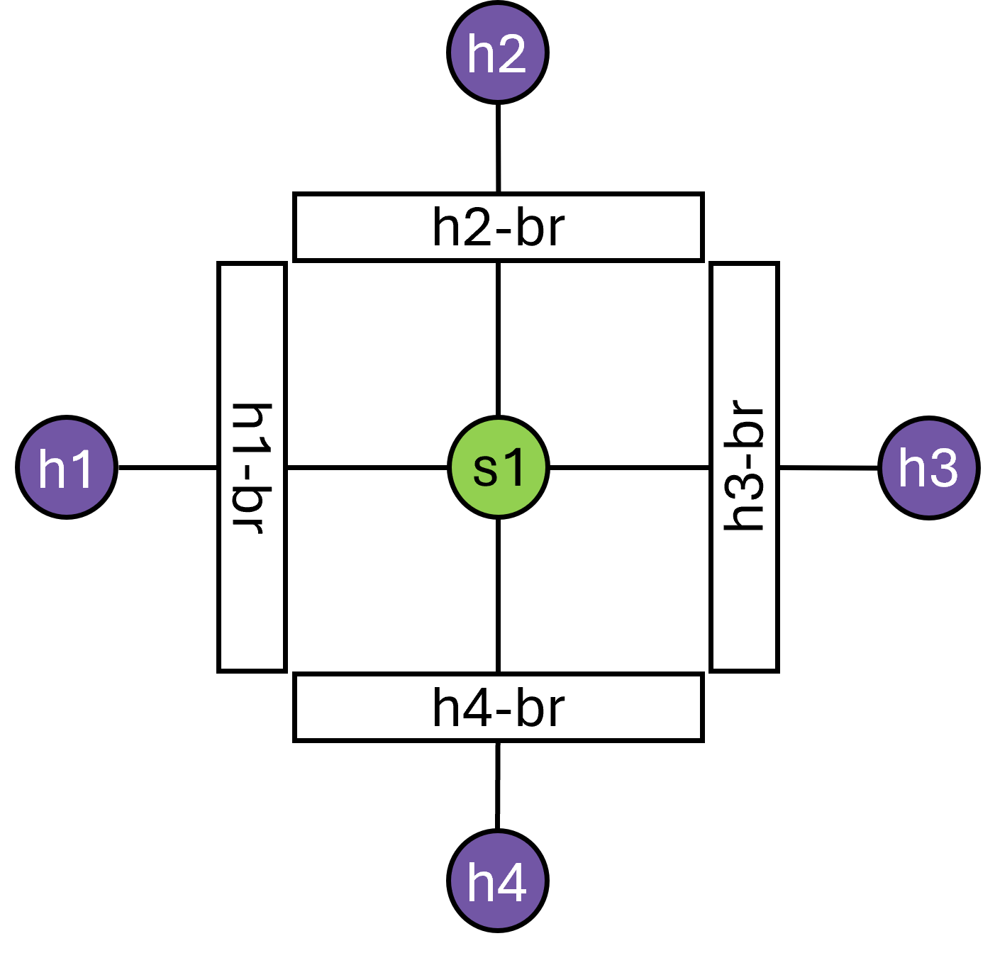 Shows how hosts h1-h4 are connected to their respective networks and how the container networks are connected to the switch s1.