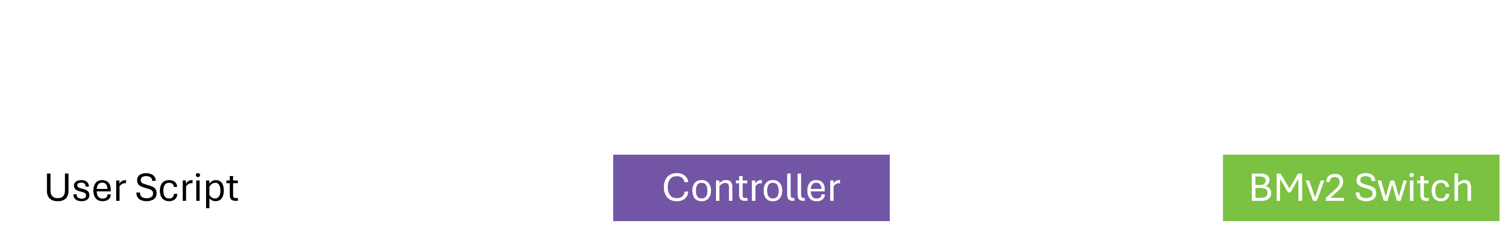 Shows a flow chart of interaction between the user script, controller and BMv2 switch.